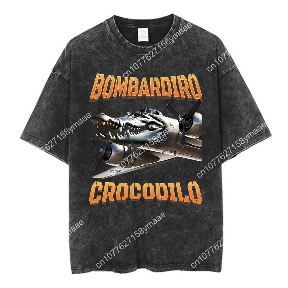 Tralalero Tralala Bombardiro Crocodilo Funny Shark Meme Washed T-shirt Men Women Vintage Summer Cotton Oversized T Shirt Tops