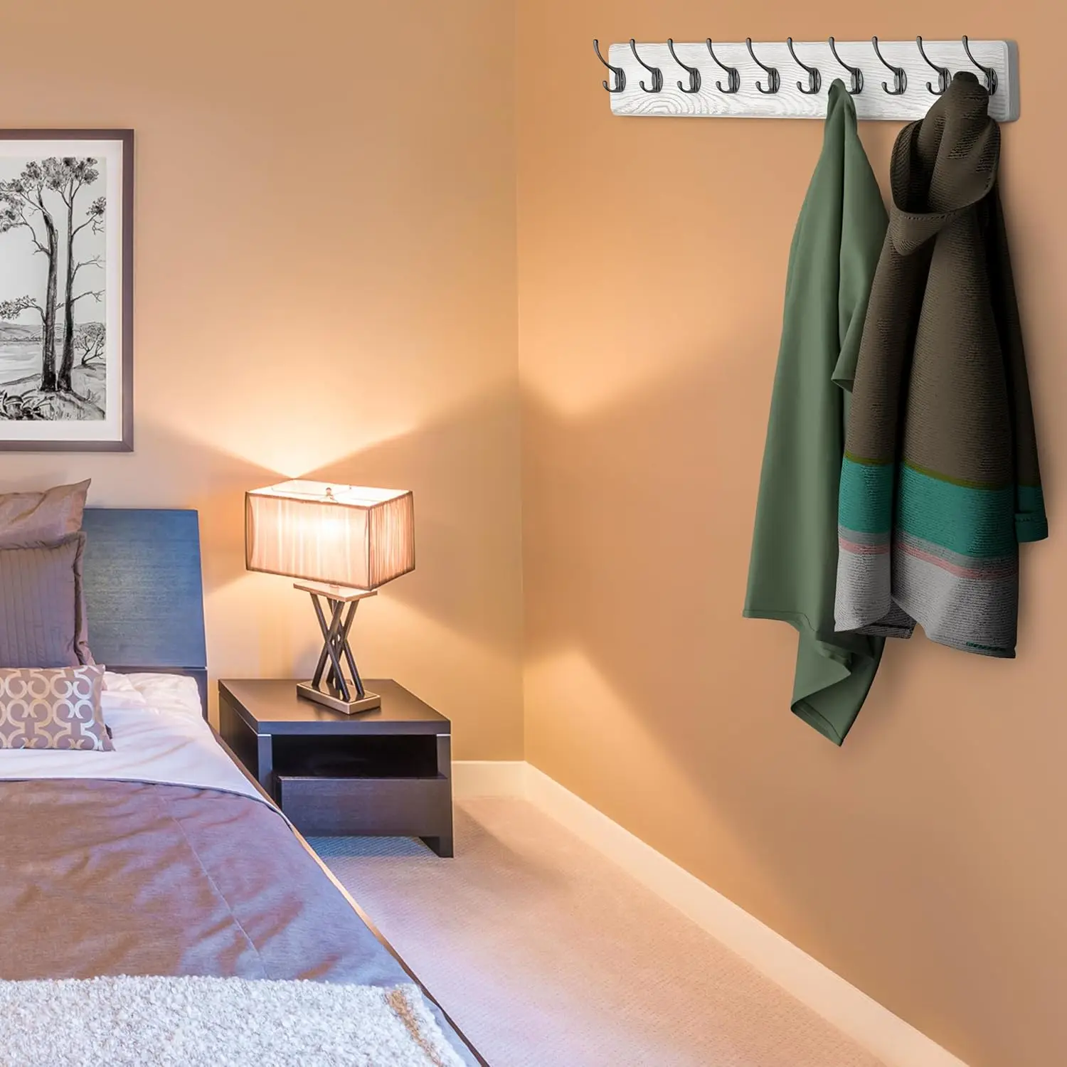 

Rustic Coat Rack Wall Mount, 38.6 Inch Long Solid Pine White Wood Wall Rack, Coat Hanger Wall Mounted With 10 Heavy Duty Hooks