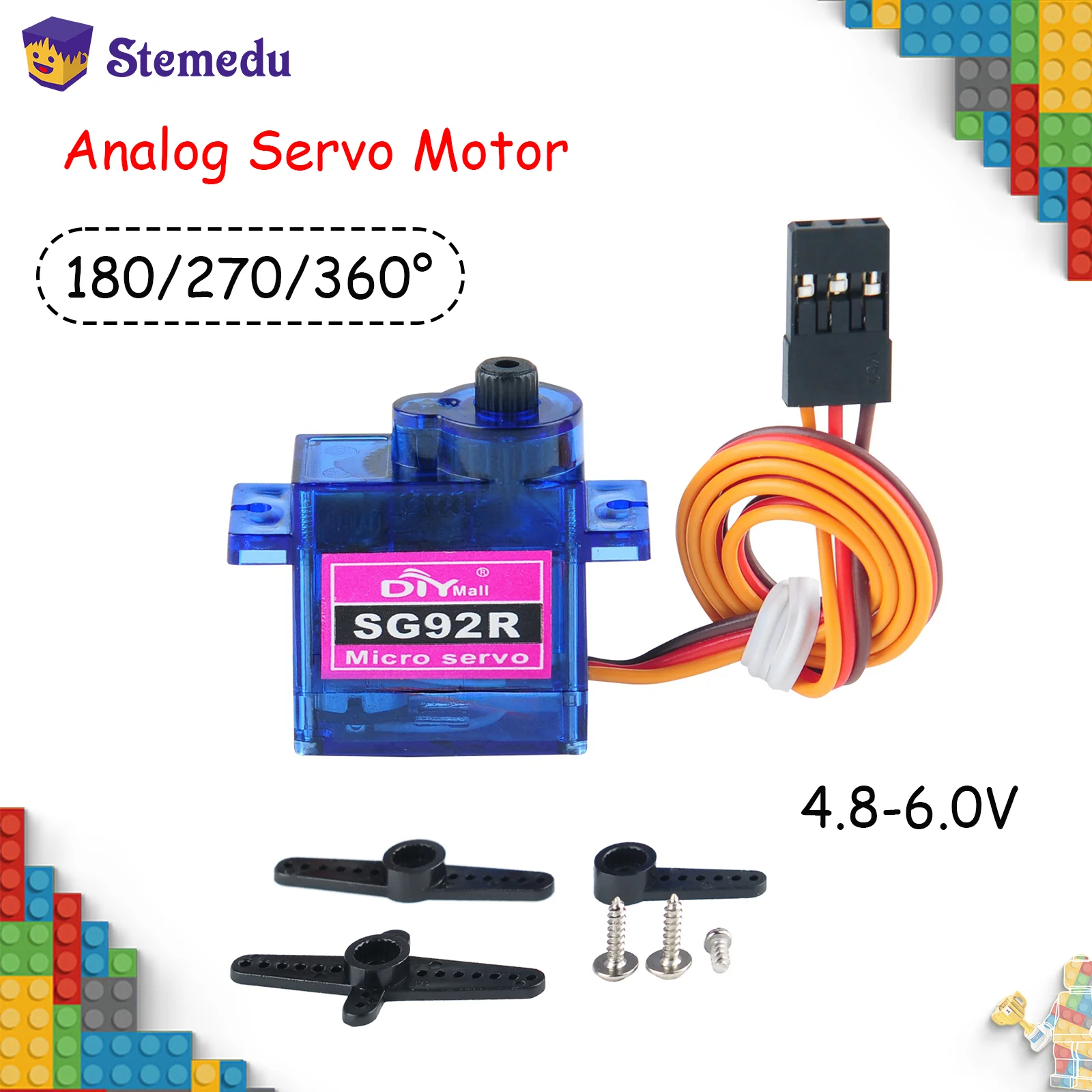 Silnik analogowy mikro-serwo 9g SG92R 360/270/180 stopni z ciągłym obrotem i regulowanym kątem, 4.8-6V do robotów, modeli samolotów RC.