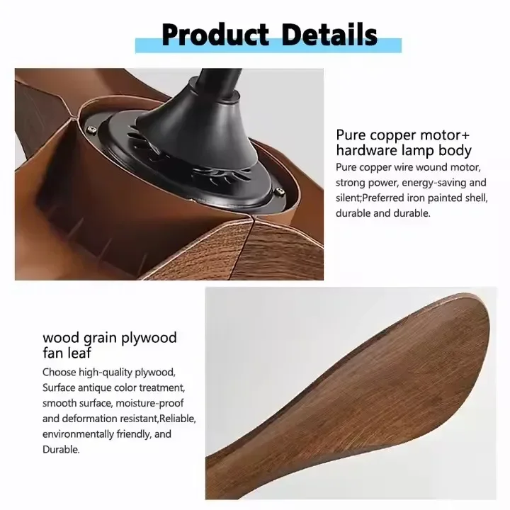 Ventilatore da soffitto Bldc muto con telecomando per uso domestico retrò moderno nordico da 52 pollici a 3 pale più economico