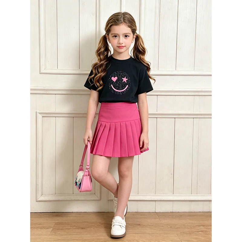 2024 New Children\'s Fashion Clothes Sets For Kids Girl Black Smiley T-shirt And Rose Red Pleated Skirt High Quality Korean Style