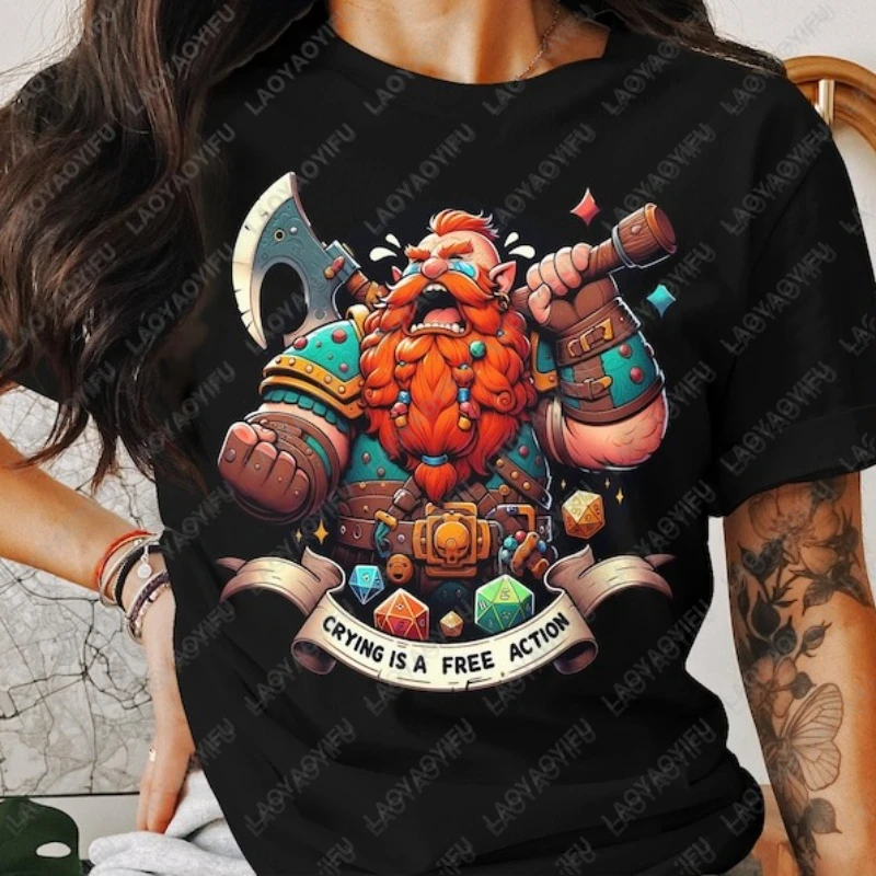 

Фэнтези Гном Воин Мужчины Женщины Футболка RPG Dice Gaming Crying Is A Free Action Хлопковые футболки Ролевые игры Топы для энтузиастов Подарок