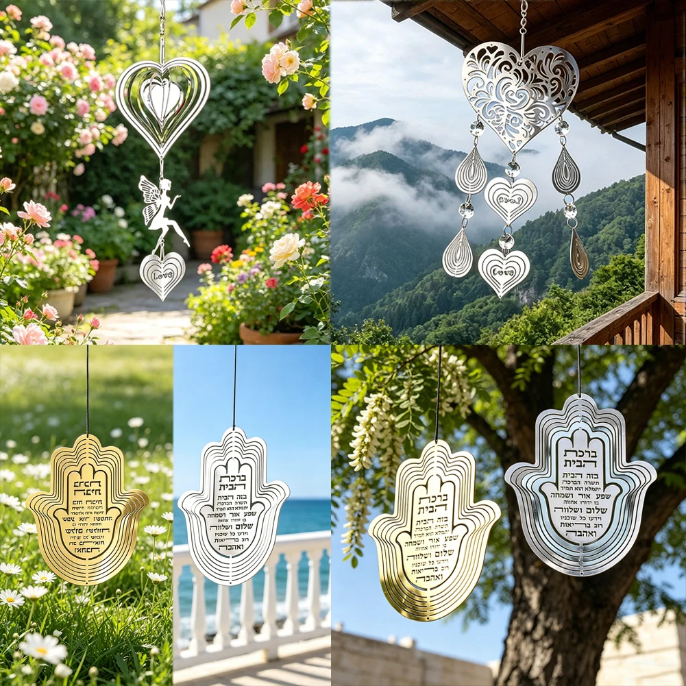 Fairy Heart Shaped Droplet Gold Silver Two Tone Hand Shape Wind Chime Stainless Steel Glass Crystal Metal Pendant Bird Repeller
