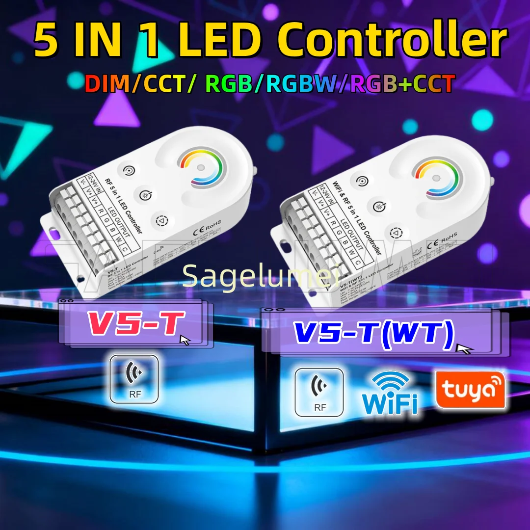 

V5-T(WT) 5 в 1 WiFi Tuya APP Светодиодный контроллер V5-T 2,4G RF CV Контроллер Skydance 5 каналов * 3A для светодиодных лент DIM/CCT/RGB/RGBW/RGB + CCT