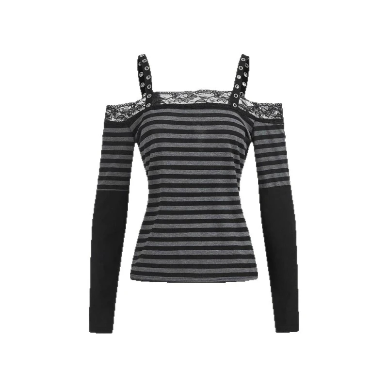 2026 New Women Autumn Goth Striped Lace Splice Off Shoulder Long Sleeve Top Slim Dark Y2K Casual Daily Street Female T Shirt
