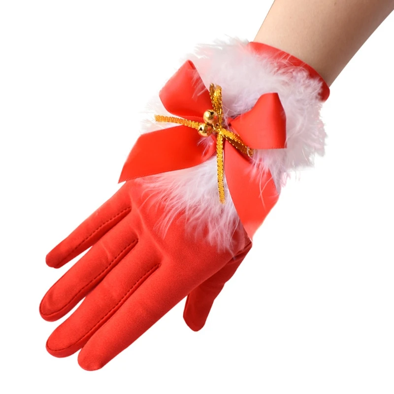 652F White Fur Costume Gloves Red Velvet Gloves with White Furry Cuff Accessories for Costumes for Women and Kids Gifts