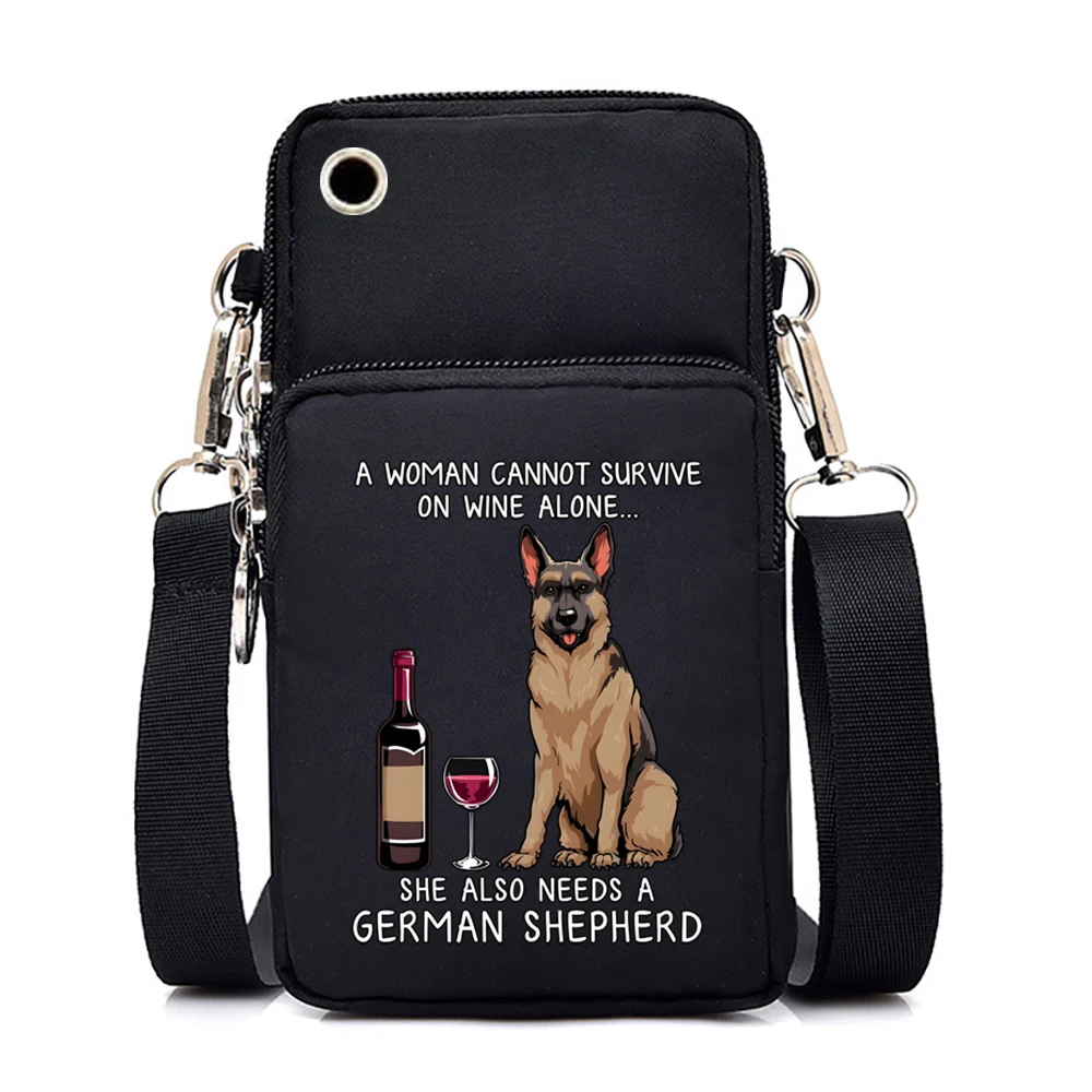 German Shepherd and Wine New Mobile Phone Bag Women\'s Messenger Bag Hanging Neck Coin Purse Vertical Handbag Small Crossbody Bag