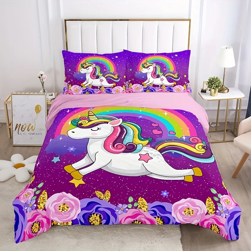 3pcs Soft and Comfortable Unicorn Print Duvet Cover Set for Bedroom and Guest Room - Includes 1 Duvet Cover and 2 Pillowcase