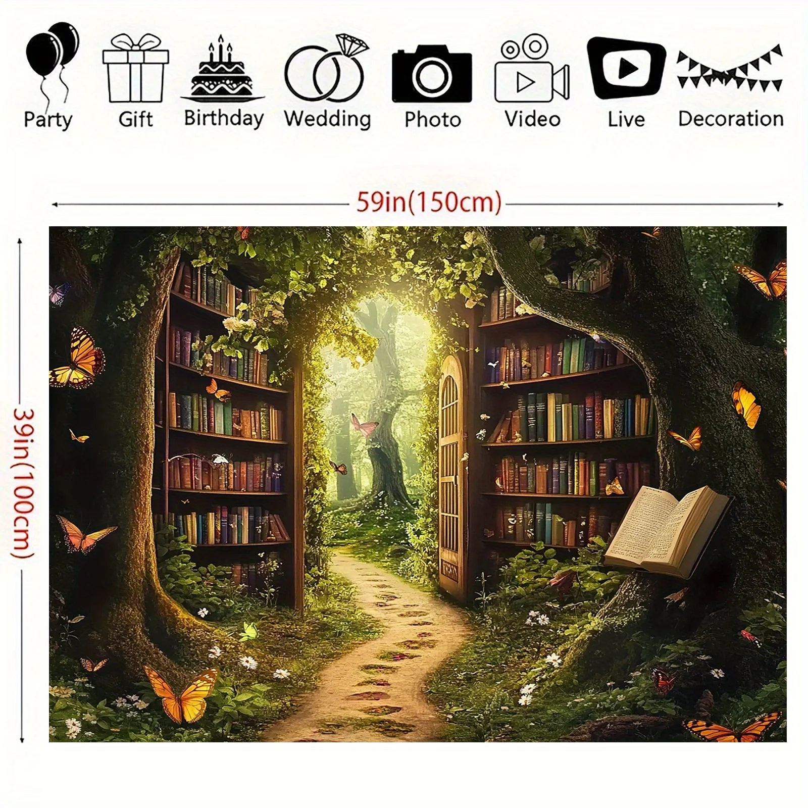 1 piece, Magic Forest Library background banner - Fairy Tale World theme, with bookshelf, butterflies and flowers view 6