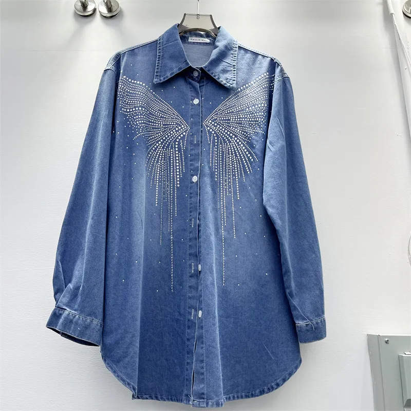 

Модная женская рубашка SuperAen с бабочками и стразами, с длинными рукавами, весна 2026, новая, оверсайз, свободный крой, джинсовая.
