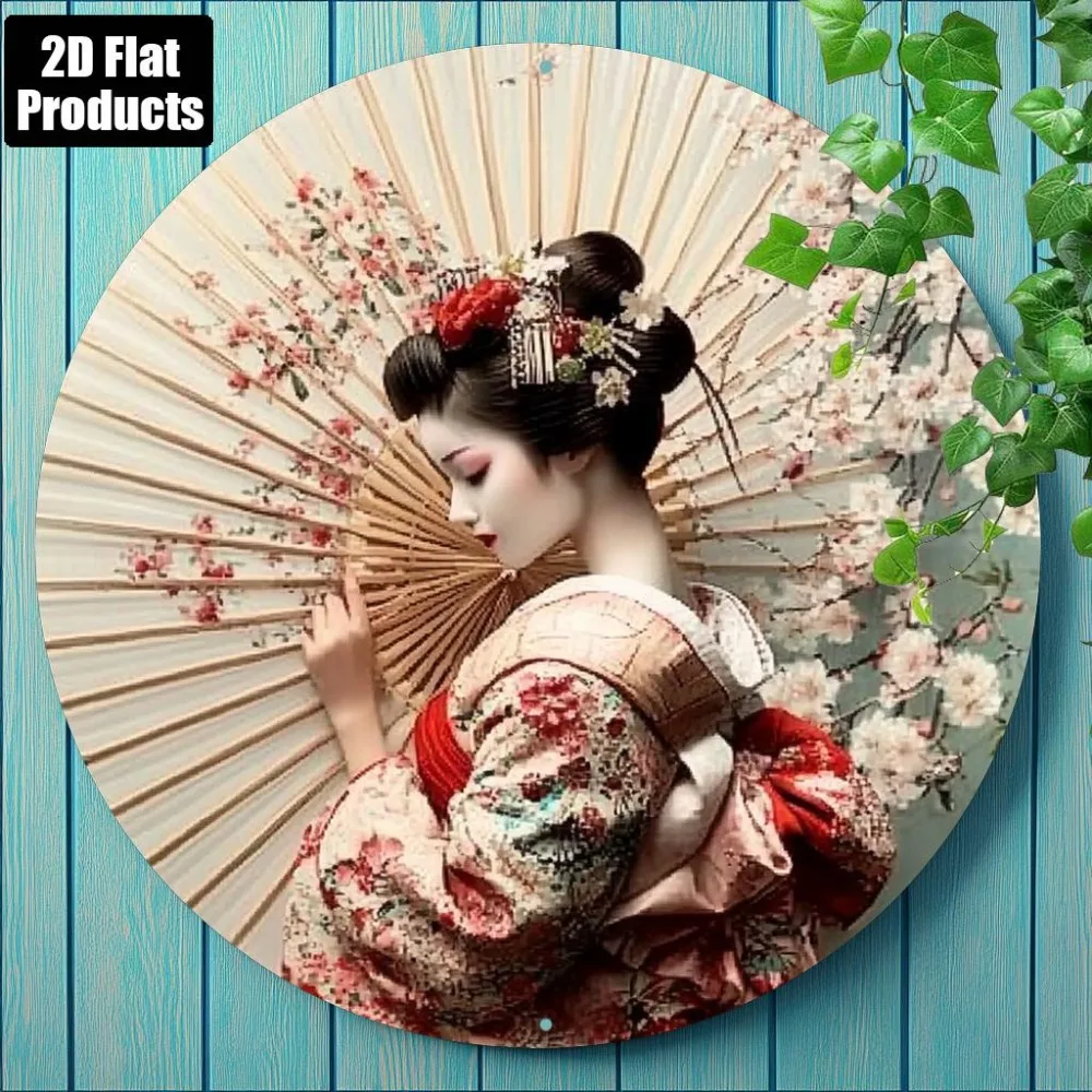 Japanese Geisha Sakura 2D Flat High Definition Metal Wall Art Traditional Kimono Cherry Blossom Umbrella Embossed Iron Painting