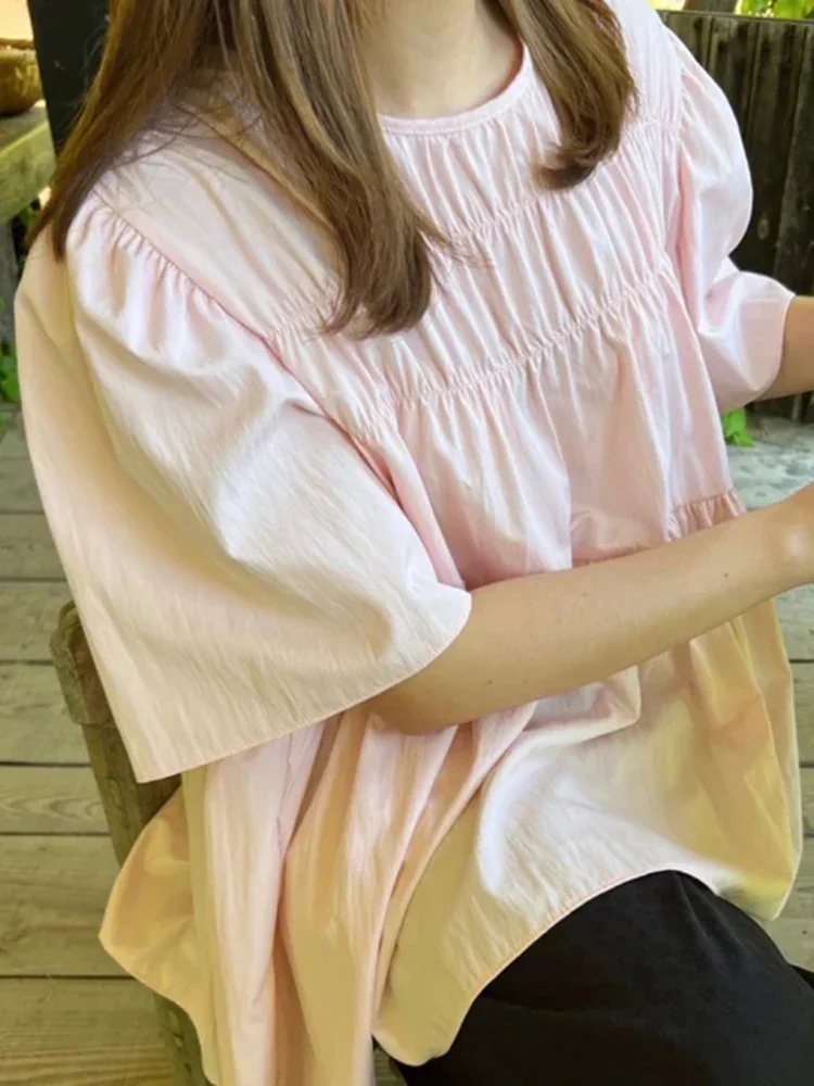 

Summer Fashion Casual Unique Loose Pleated Solid Color Women Doll Shirt Korean Sweet Women's Round Neck Bubble Sleeve Shirt New