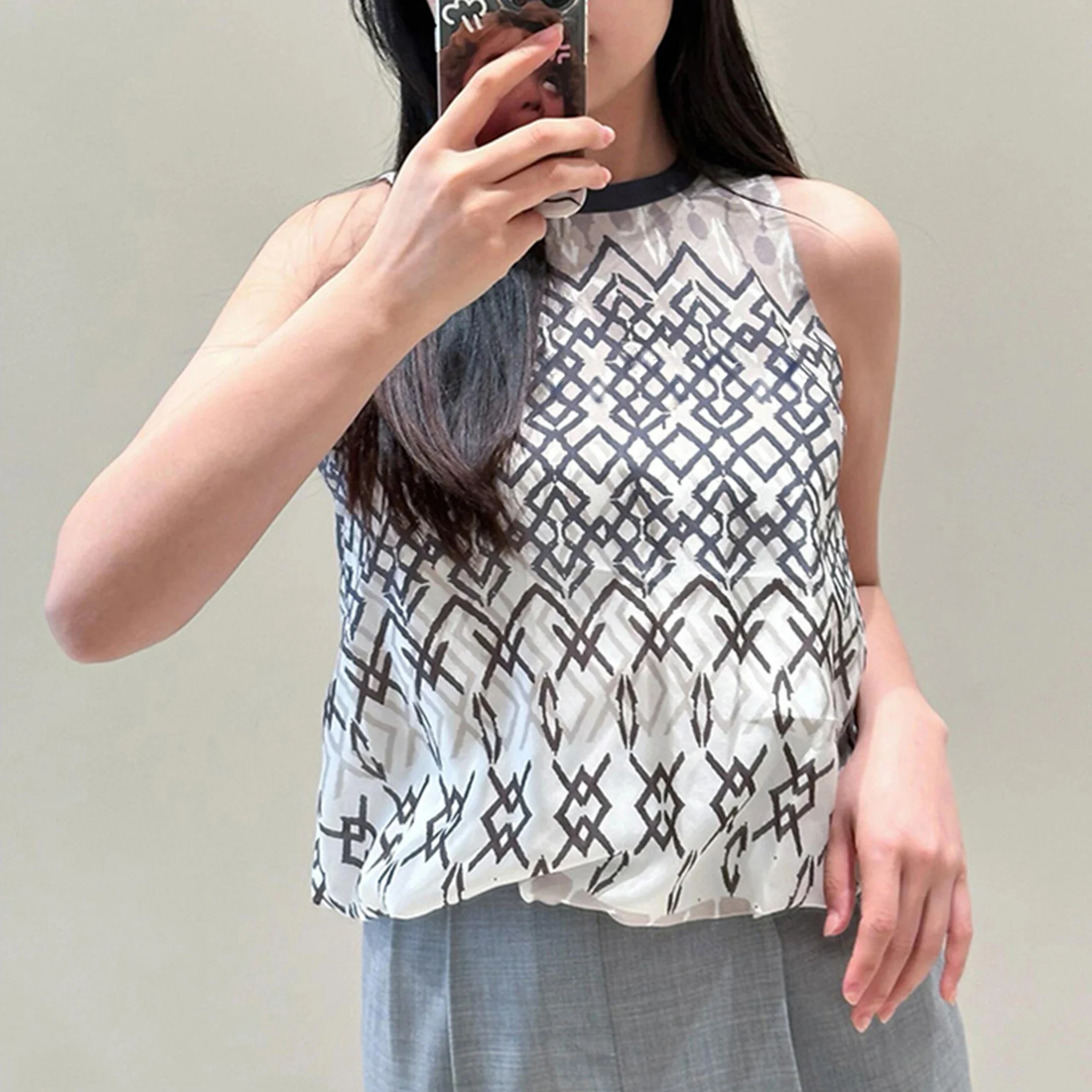 

NIGO Women's Summer Ethnic Geometric Printed Three Four Vest Top Sleeveless Round Neck Colorblocking T-shirt Ngvp #nigo8712