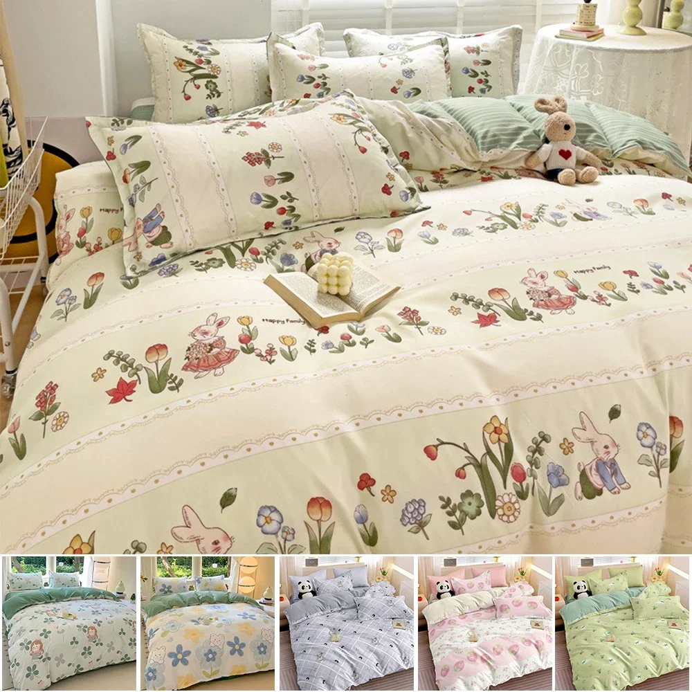 Printed Bed Set Floral Duvet Cover Pillowcase Bedding Set Cute Sheet Quilt Full Queen King Size Includes A Pair of Pillowcases