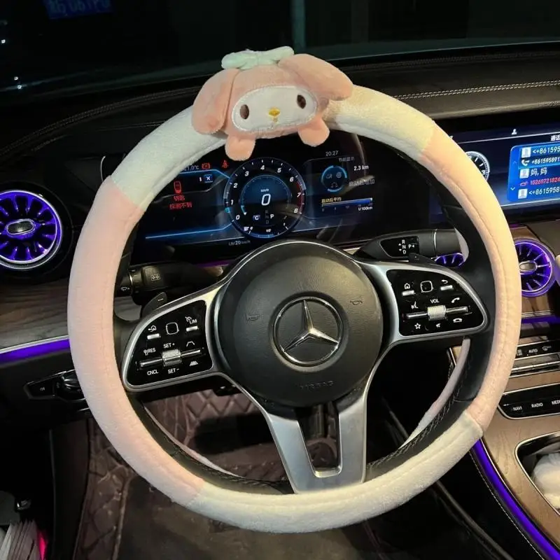 Sanrio Car Steering Wheel Cover Kuromi Short Plush Warm Autumn and Winter D-Shaped Round Steering Wheel Melody Car Accessories