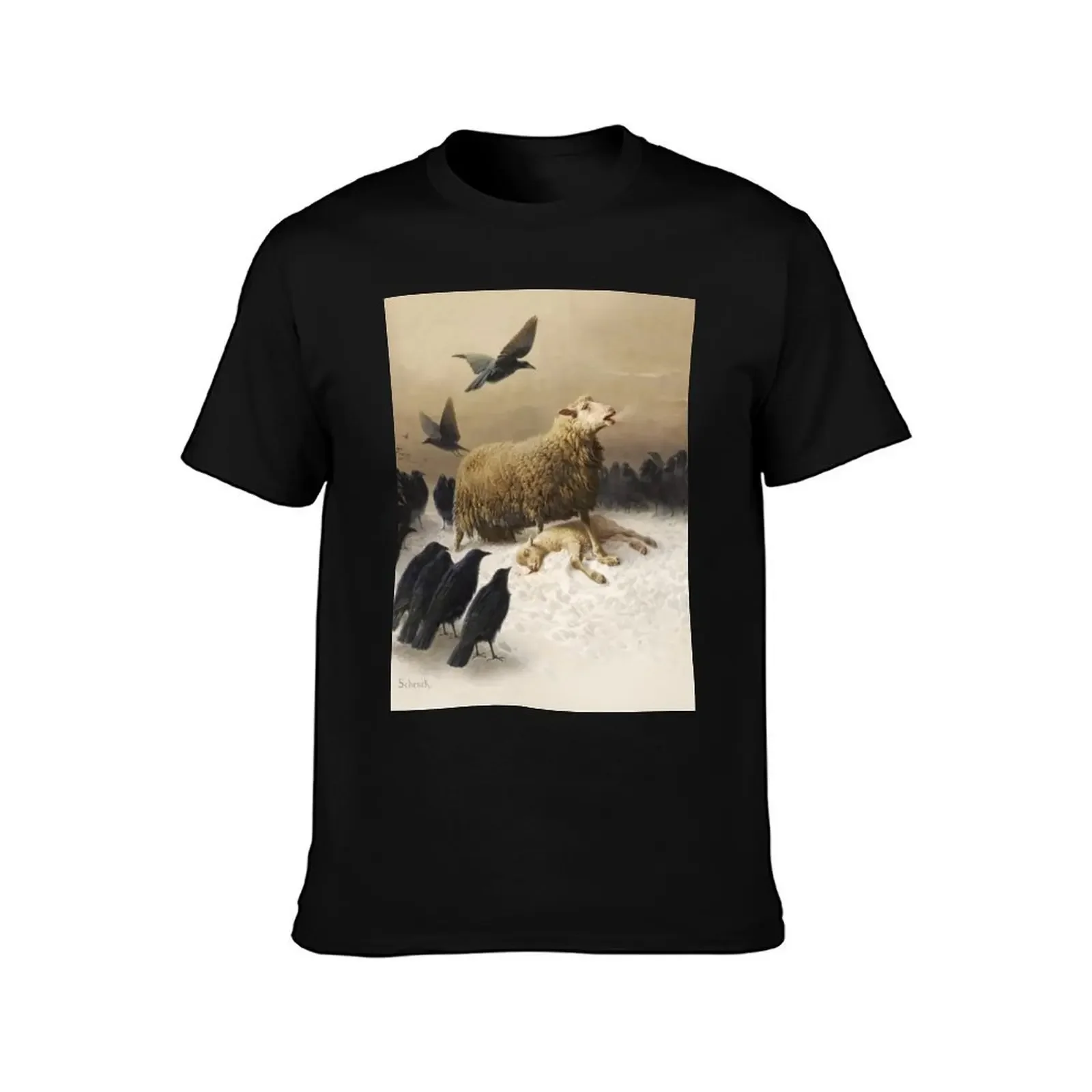 Anguish Angoisses fine art oil painting by August Friedrich Schenck 1878 Mother sheep ewe with lamb and black crows HD H T-Shirt