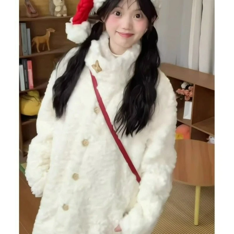 

Autumn/winter New Style Thickened Versatile Rabbit Fur Loose Stand-up Collar Jacket White Single-breasted Woolen Coat for Women