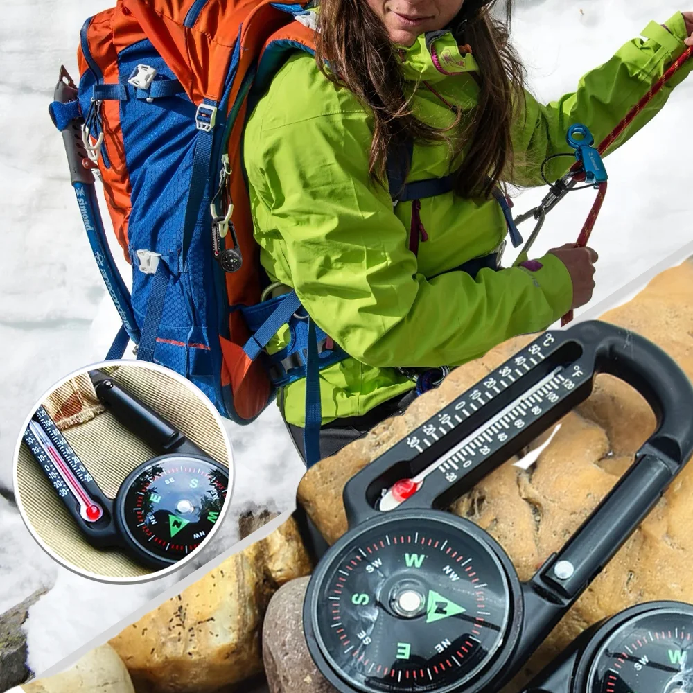 Llavero con termómetro multifunción, herramienta de navegación portátil, Mini brújula, mosquetón, Clip, herramienta de supervivencia al aire libre ​