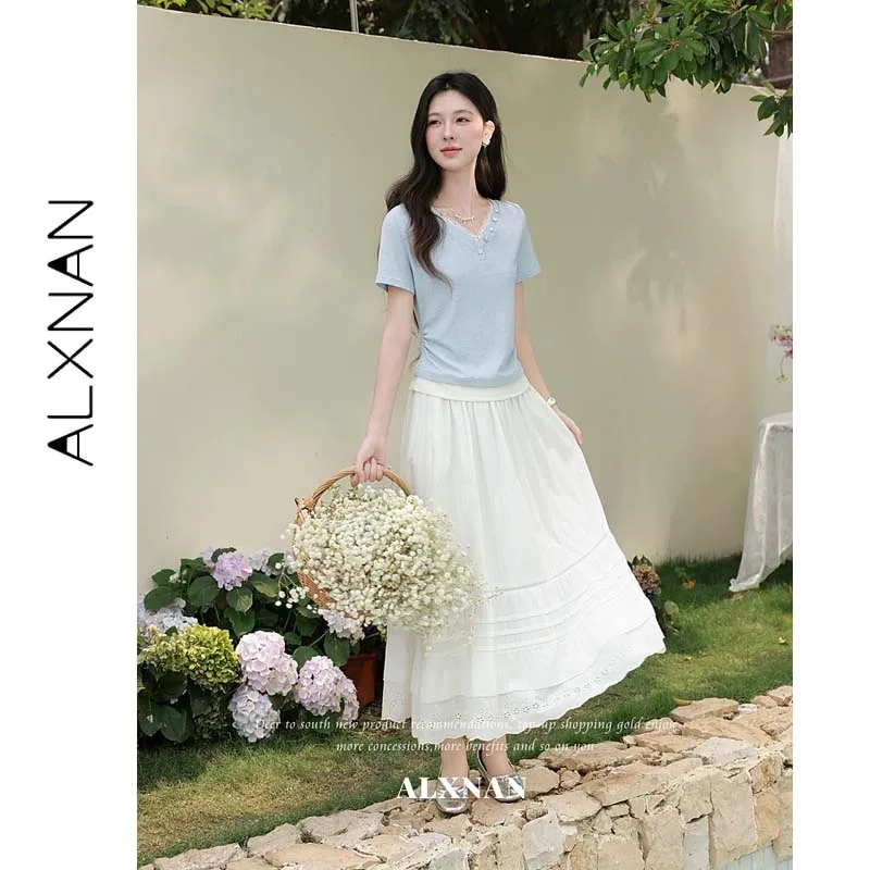ALXNAN Plus Size Blue Short Sleeve Women Summer T-shirt V-neck Lace Trim Fake Two Piece Slim Fit Korean Casual Tees D65706