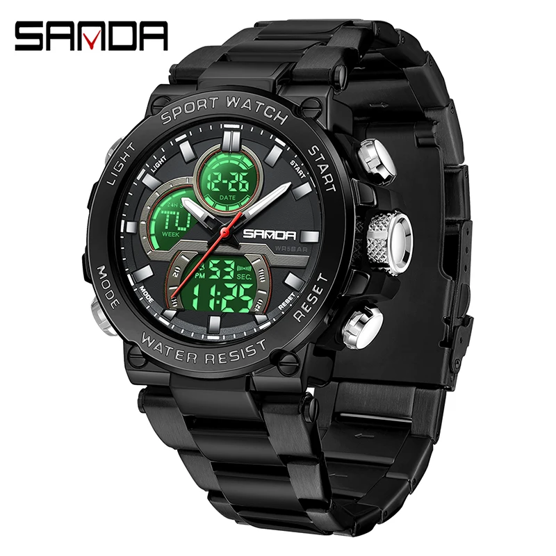 SANDA 6183 Fashion Men\'s Electronic Watch Personalized Cool Night Light Multi functional Waterproof Steel Strip Men\'s Watch 2024