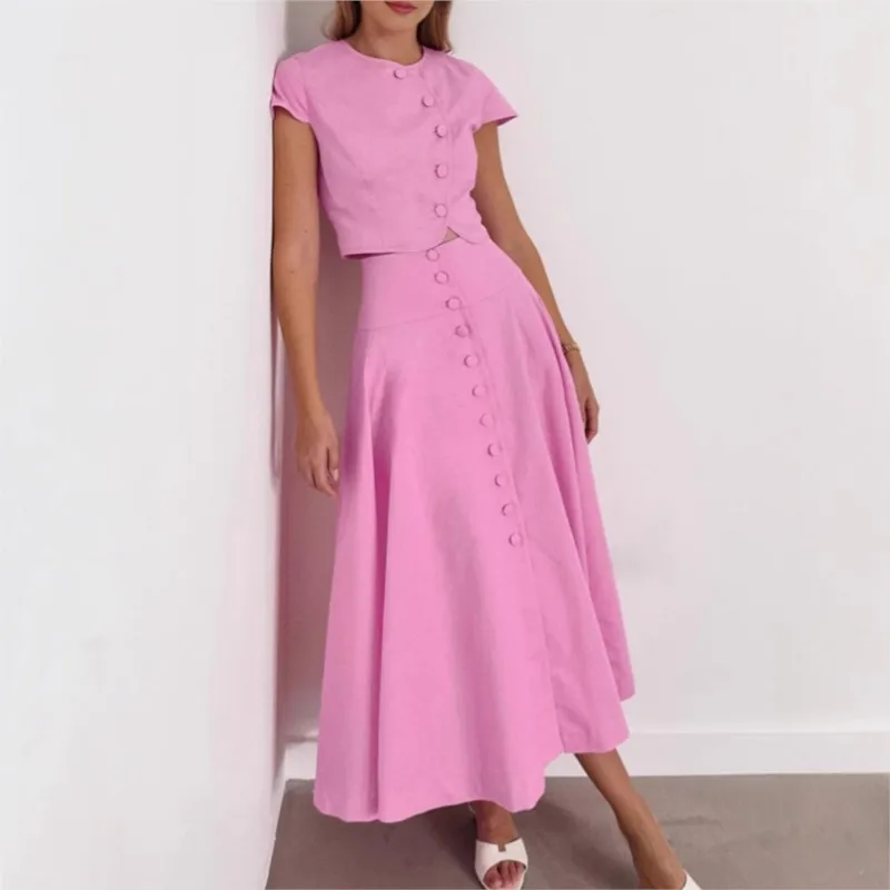 

Элегантный однобортный топ с круглым вырезом и короткими рукавами + однобортная полуюбка А-силуэта, весенне-летний женский комплект с темпераментной юбкой