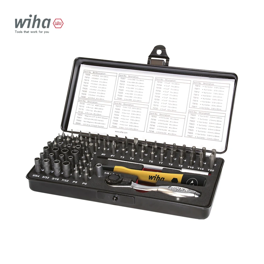 WIHA 65 Piece Electronics ESD Precision Micro Bit Set Screwdrivers Bits Suitable for Precision Mechanics Repair NO.39971