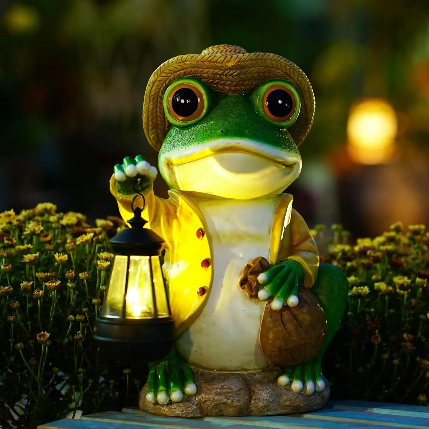 

Solar-Powered Frog Garden Statue, 13.3 Inches Tall, Resin Outdoor Decor with Warm Light