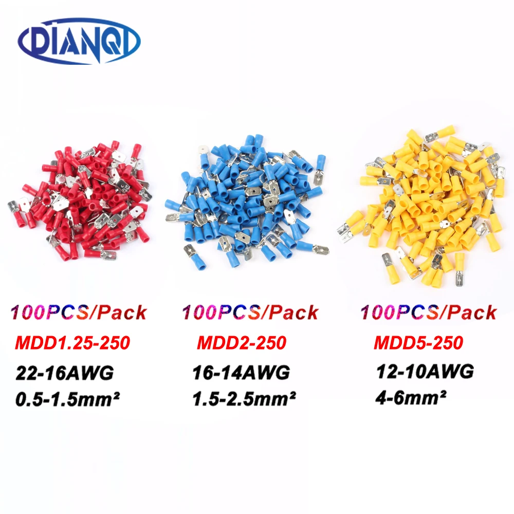 DIANQI MDD1.25-250 mannelijke Geïsoleerde Spade Snelkoppeling Terminals Crimp Terminal AWG MDD1-250 100 stks/pak MDD