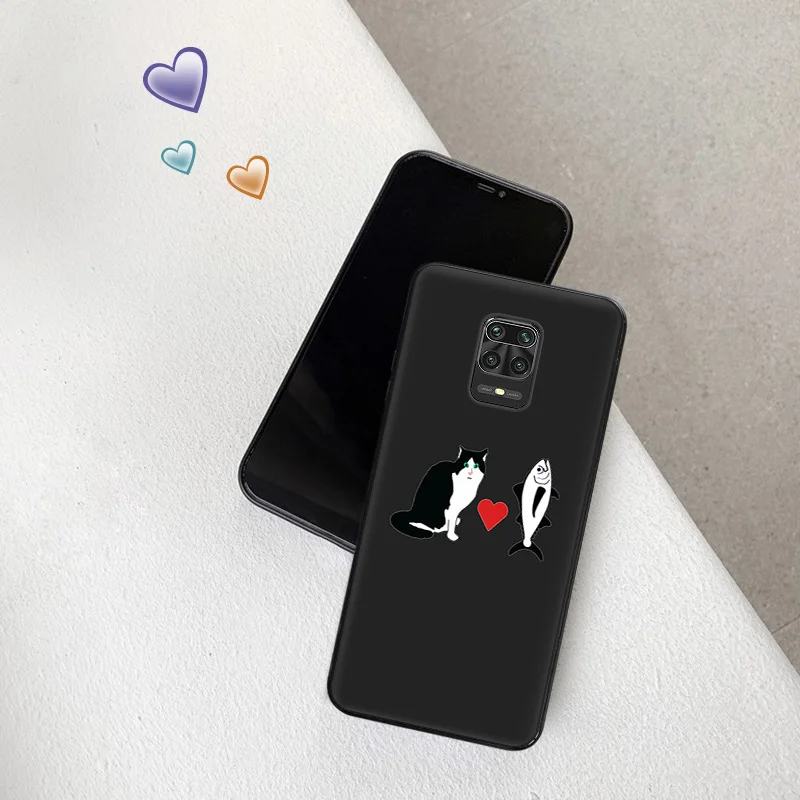 Phone Case For Redmi Note 10 9 9s 8 8t 9t 10s 9c 9a 7 10c Love Fish Cute Cat Xiaomi 10t Pro Note10 Lite Shell Black Cases Cover