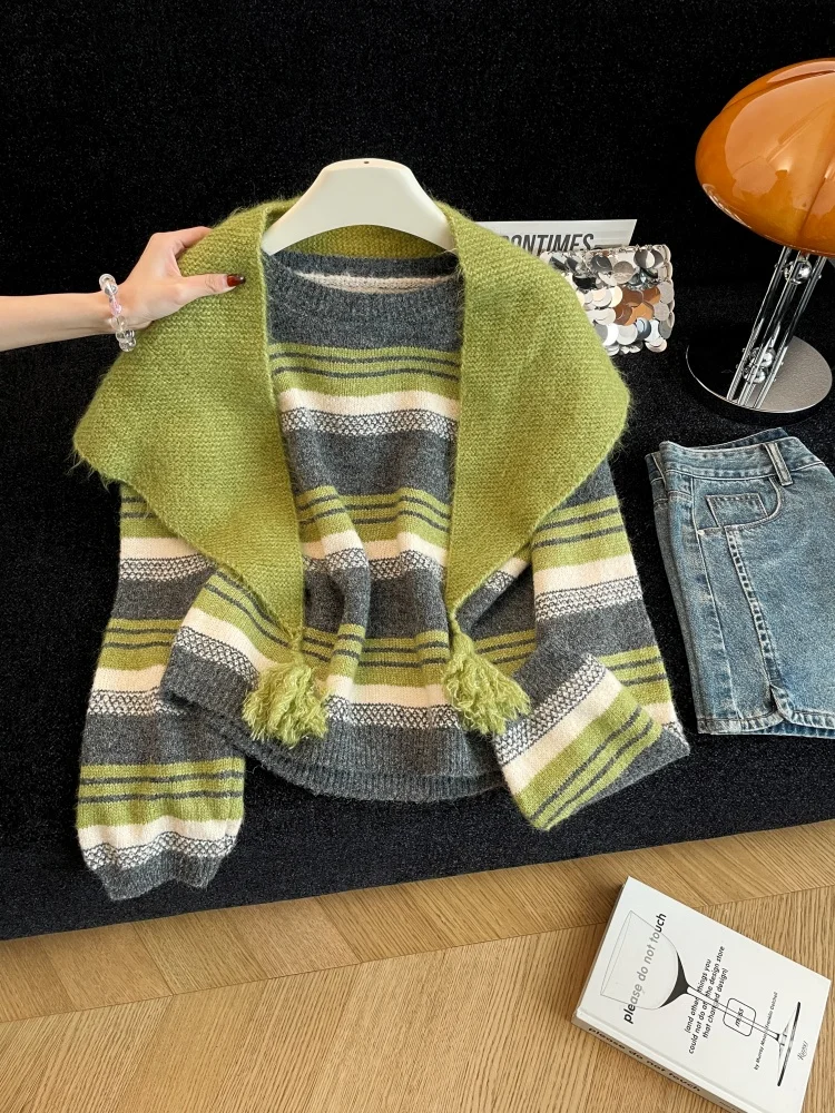 Women Green Striped Knit Pullover Shawl Sweater 2000s Vintage Long Sleeves Cozy Cashmere Sweater For Women Clothes Spring Autumn