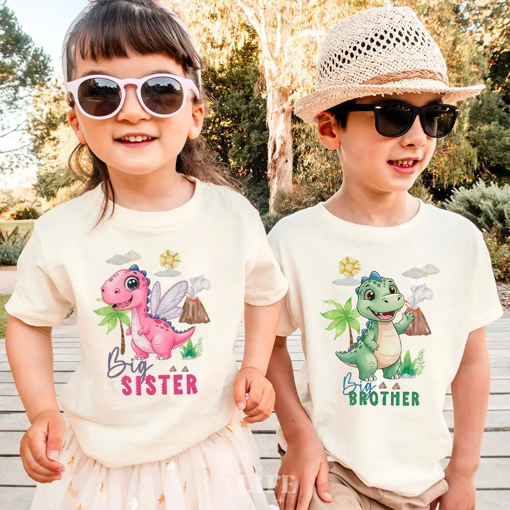 

Big Brother Little Sister Dinosaur Print Family Matching Shirts Girls Boys T-shirt Kids Short Sleeve Tee Child Retro Clothes Top
