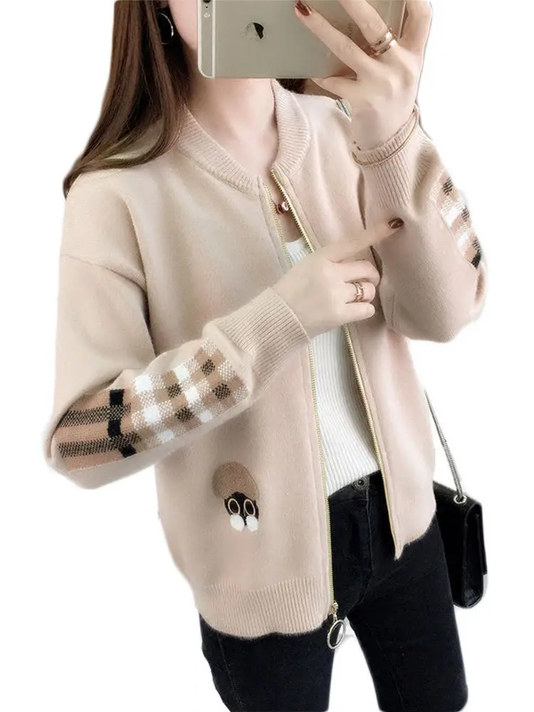 Loose Knitted Open Cardigan Women's Sweater Spring Autumn New Style Student Top Zipper round Neck Long Sleeve Animal Pattern