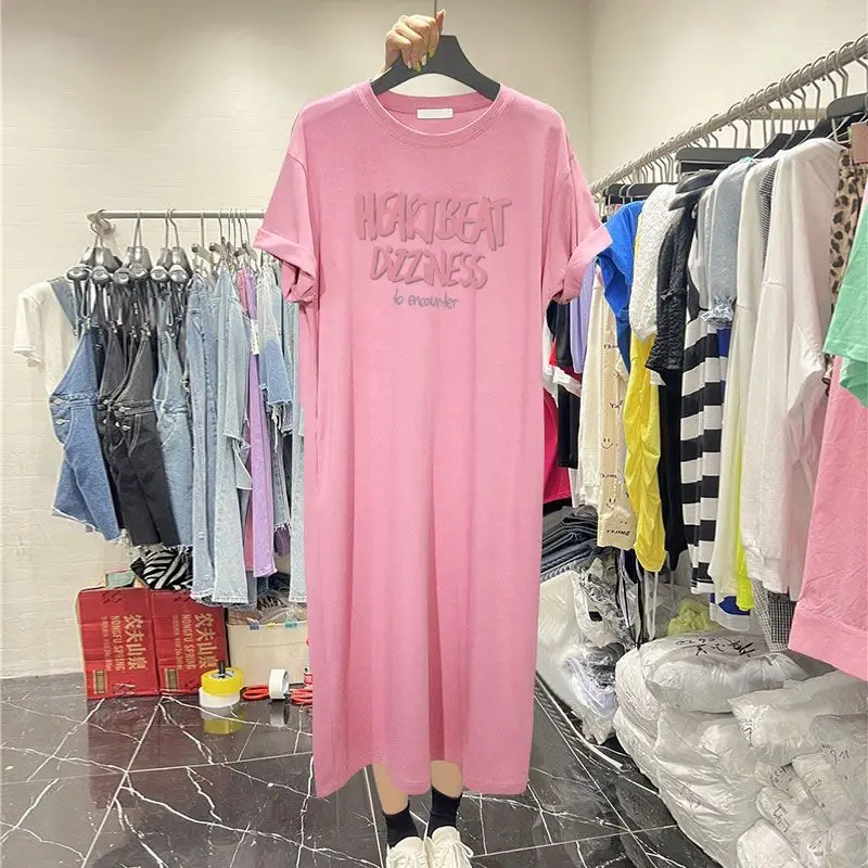 Casual T Shirt Dress Summer New Simplicity Short Sleeve O-neck Youth Printing Letter Midi Dress Trend Vintage Women Clothing