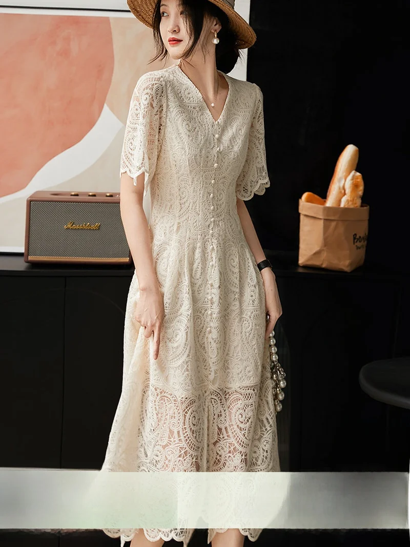 

XiaoHanGe Paris Holiday Cotton Soft Lace Dress Top Half Skirt Three Piece Set Breathable Lightweight Short Sleeve Elegant Style