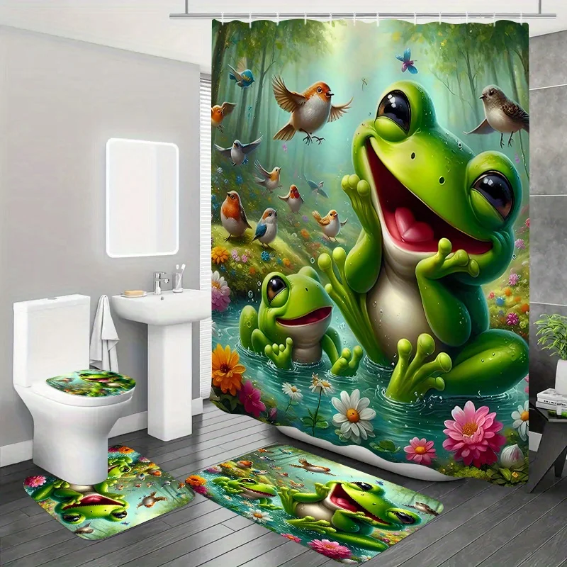 Delightful Frog Bathroom Set - Waterproof Shower Curtain, Ultra-Soft Floor Mats, Toilet Lid Cover, and Contour Mat