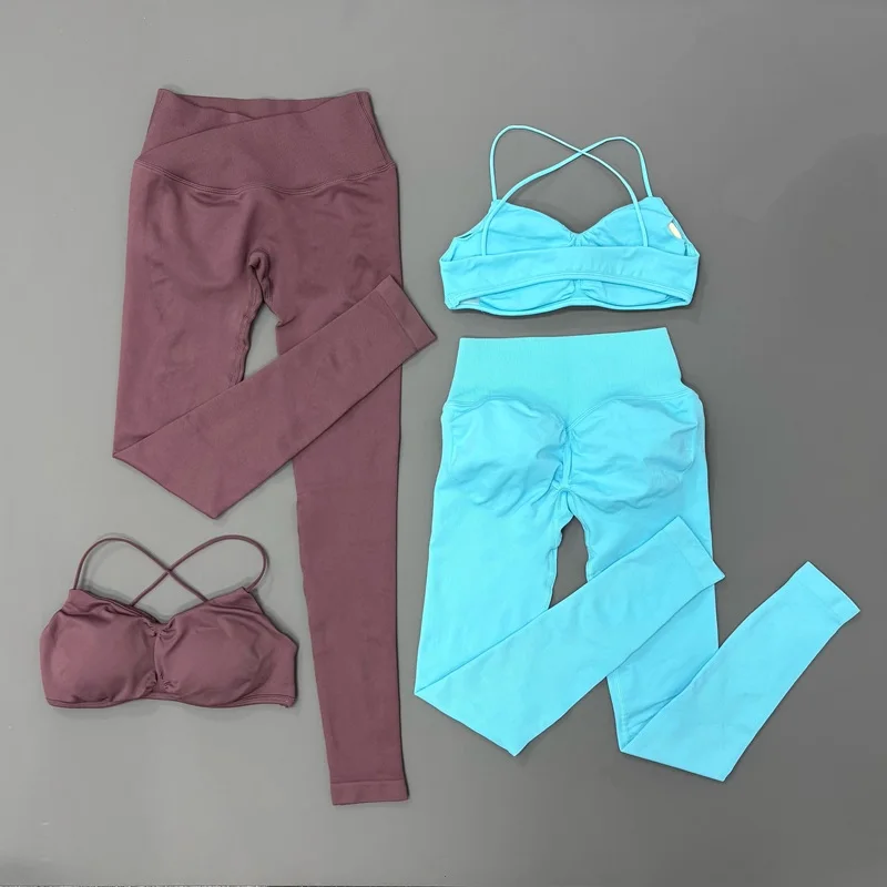 NCOYOE 2-teiliges Gym-Set, nahtlose Leggings, Sport-BH mit überkreuzten Trägern, Yogahose, Sportbekleidung, Laufbekleidung, Fitnessbekleidung, Activewear