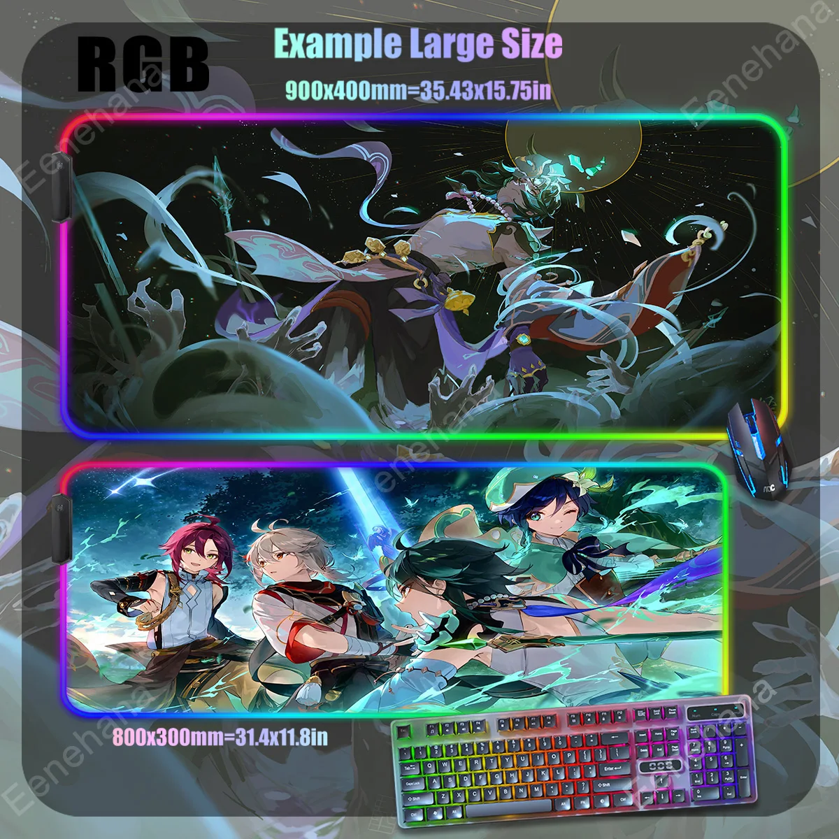 Anime Genshin Impact RGB Mouse Pad HD Print LED Backlight Gaming Accessories Fast Shipping Esports Computer Keyboard Kawaii Pad