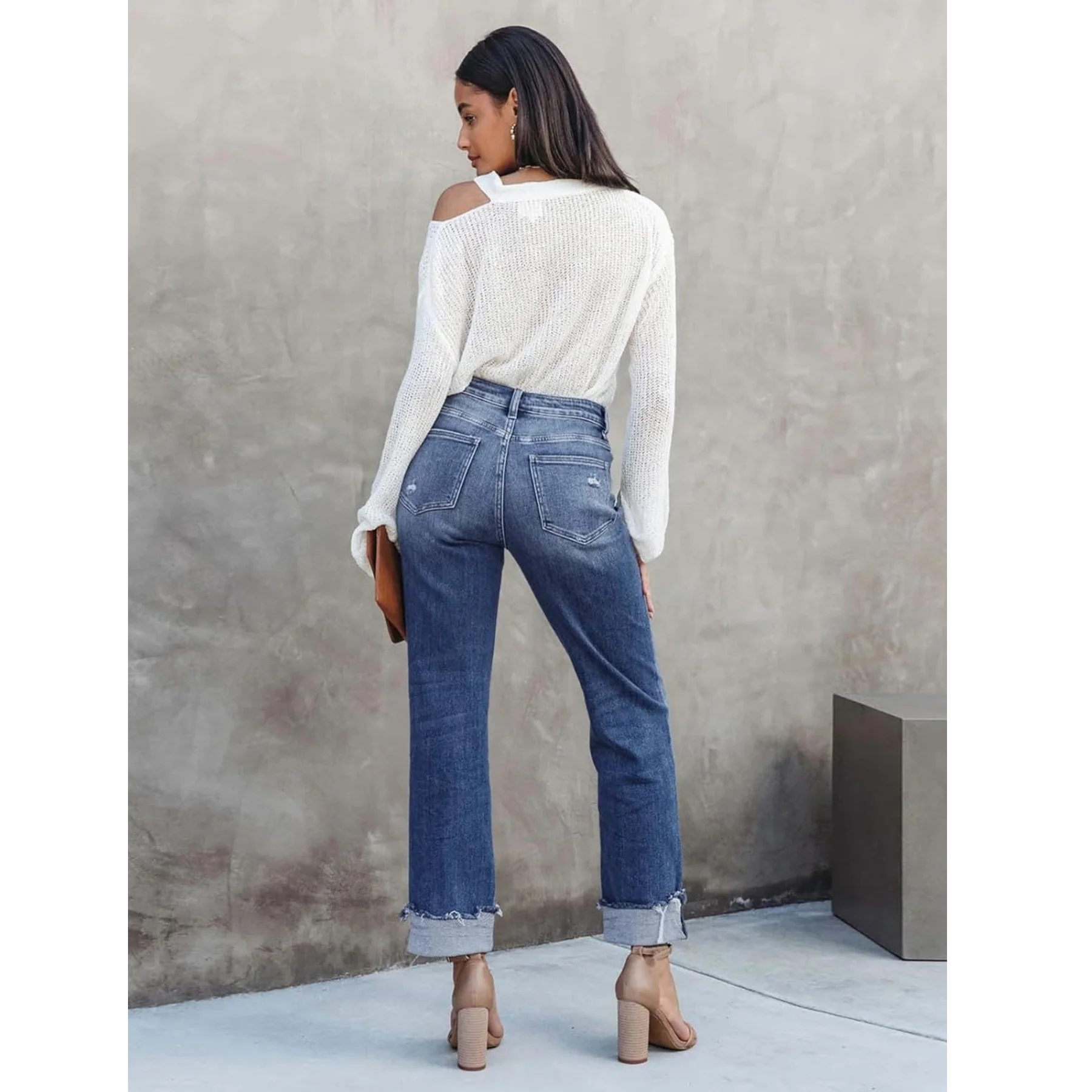 Damskie spodnie Y2k, modne jeansy z wysokim stanem, podarte, z efektem krzyżowania i elastycznym krojem, luźne jeansy.