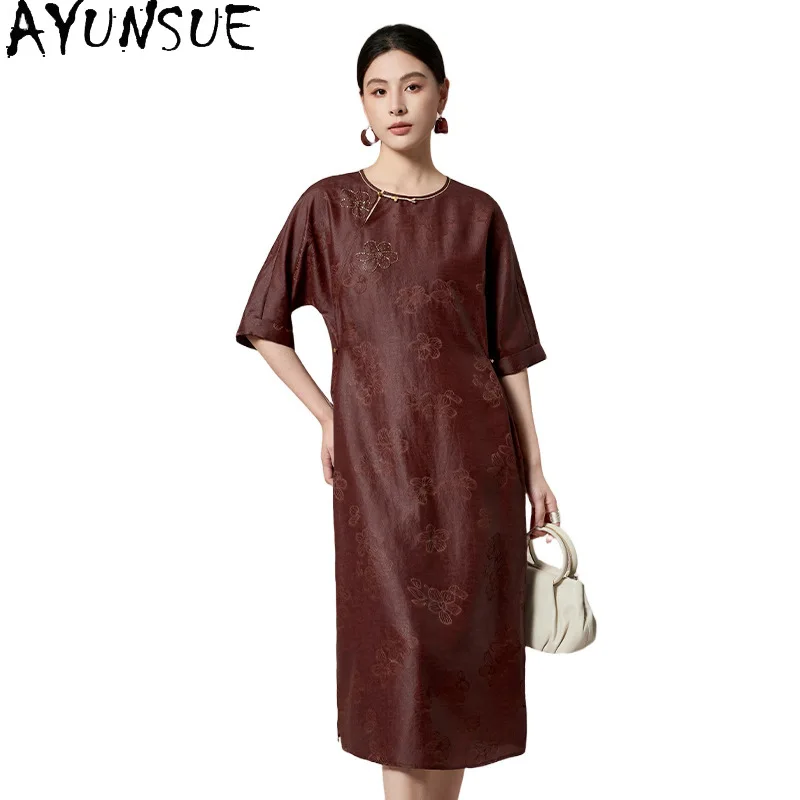 AYUNSUE 100% Real Mulberry Silk Party Dress Woman Clothing Elegant Womens Dresses Fashion Summer Dress Gambiered Guangdong Gauze