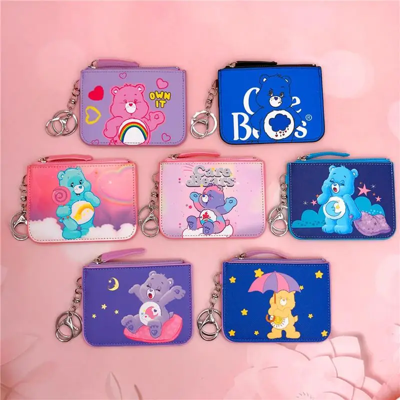 Kawaii Cute Care Bears Card Holder Zero Wallet Cartoon Pu Card Sleeve Chest Badge Cover Key Ring Student Bus Card Bag Girls Gift