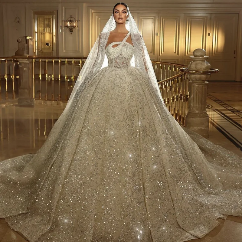 

Элегантное свадебное платье-баллон с одним плечом, расшитое бисером, класса люкс, больших размеров, для церемоний в соборе (Vestido De Novia)