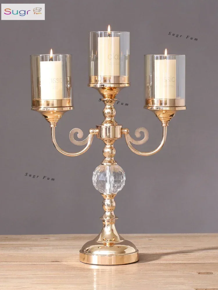 

Simple light luxury metal glass three-head candle holder Nordic European model room living room dining table wedding decoration