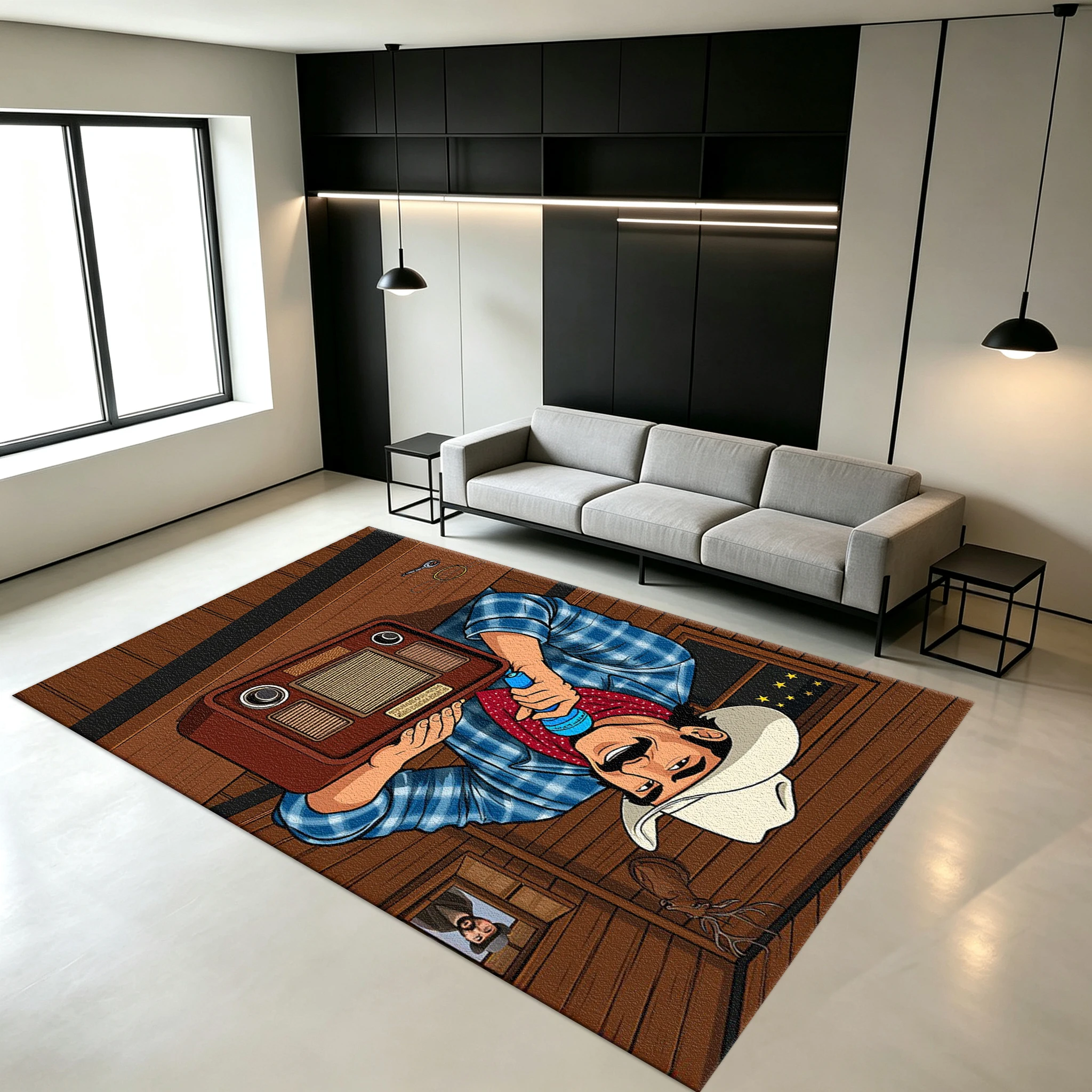 Retro Cartoon Cowboy Style Vintage Radio-Style Carpet, Non-Slip Printed Carpet Suitable for Game Room, Study, Western-Style Home Floor Decoration