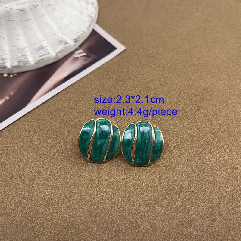 Green Enamel Rectangle Round Flower Drip Oil Studs For Women Girls Jewelry Gift Party Earrings