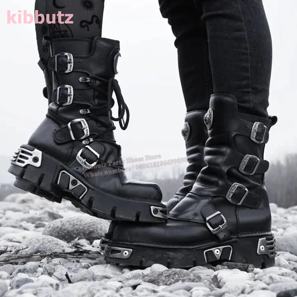 Metal Thick Bottom Mid Calf Boots Dark Rock Punk Belt Buckle Round Toe Height Increase Lace-up Zipper Fashion Women Shoes Newest