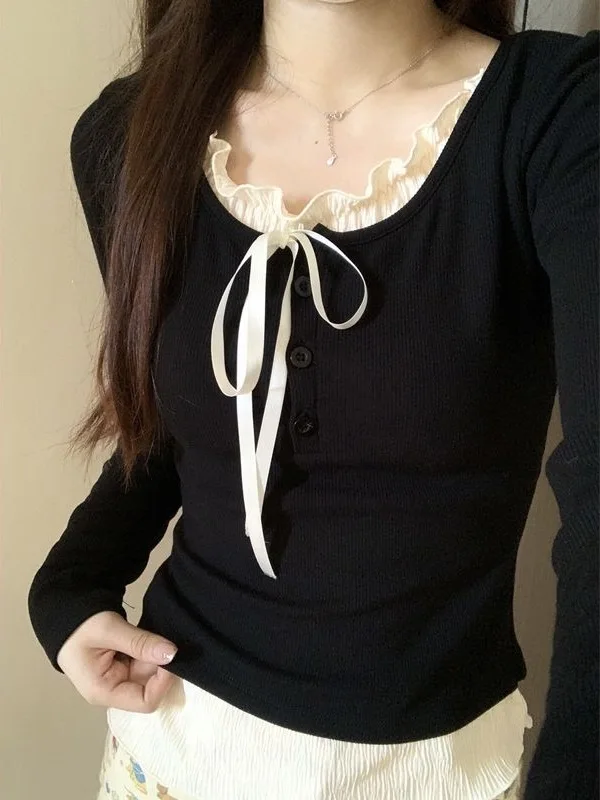 

Женская футболка приталенного кроя, осенне-зимняя футболка с узлом, внутренняя одежда, красивый топ, балетный топ