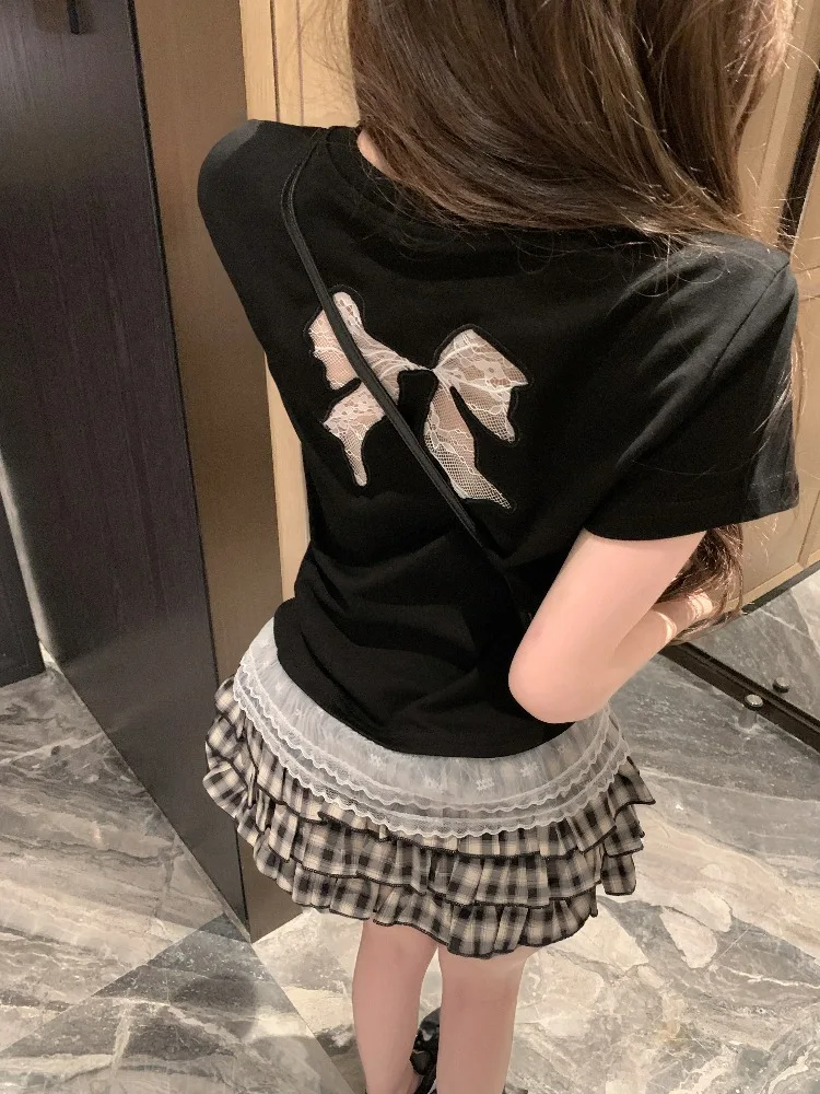 

Korean Style Short Sleeve T-Shirt Women's Spring Summer Fashion Slim Fit Back Lace Knot Pattern Top Ladies' Clothing