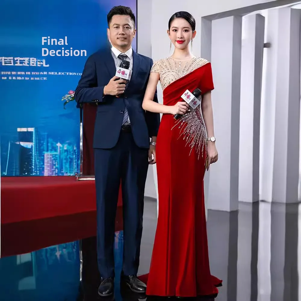 

Elegant Velvet Red Evening Gown for Women Hostess Ball Dress Long Sleeve Shoulder One Shoulder Style Company Annual Meeting