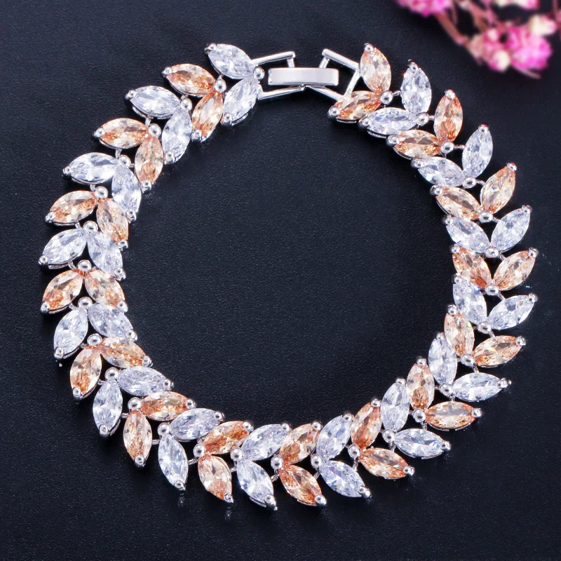 ThreeGraces Sparkling Cubic Zirconia Leaf Shape Bridal Wedding Party Bracelet for Women Fashion Engagement Costume Jewelry BR209