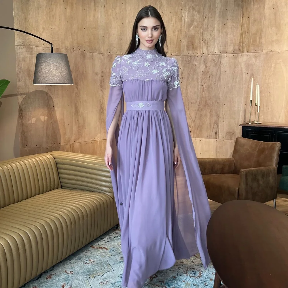 تخصيص الرسمي الشيفون الطية مطرزة وشاح ألف خط ذوي الياقات العالية فساتين طويلة مناسبة مخصصة مساء النمط الصيني